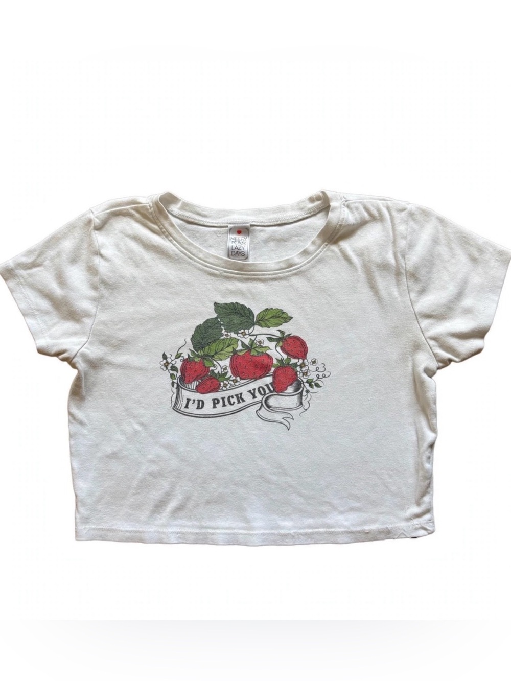 Messy Buns Lazy Days Strawberry Crop Top Size L White I'd Pick You Graphic Baby